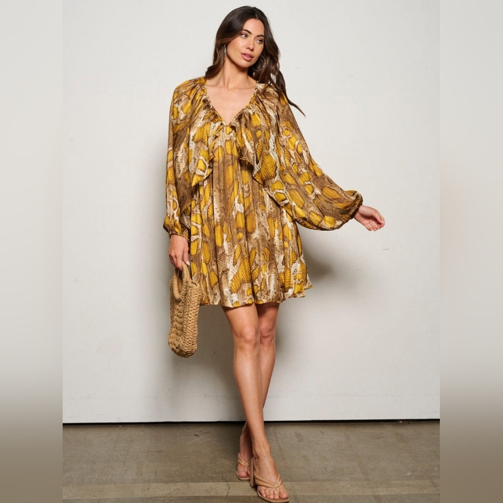 One One Six Python Print Mini Dress Puff Long Sleeves Boho Chic Size S-M-L NWT